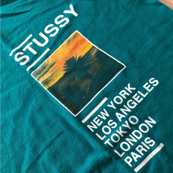 Vintage Stussy Teal Turquoise Sunset City T-shirt Size S - Picture 4 of 8